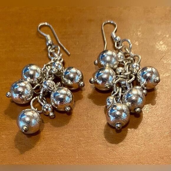 Silver Tone Bead Cluster Dangle Earrings Womens Fishhook Drop Boho Statement 2” - Picture 1 of 2